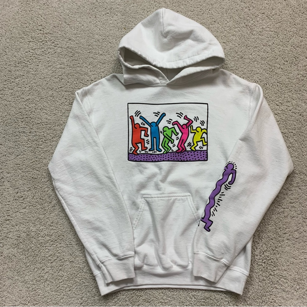 KEITH HARING White DANCING GRAPHICS Artist SWEATSHIRT Pullover HOODIE  S